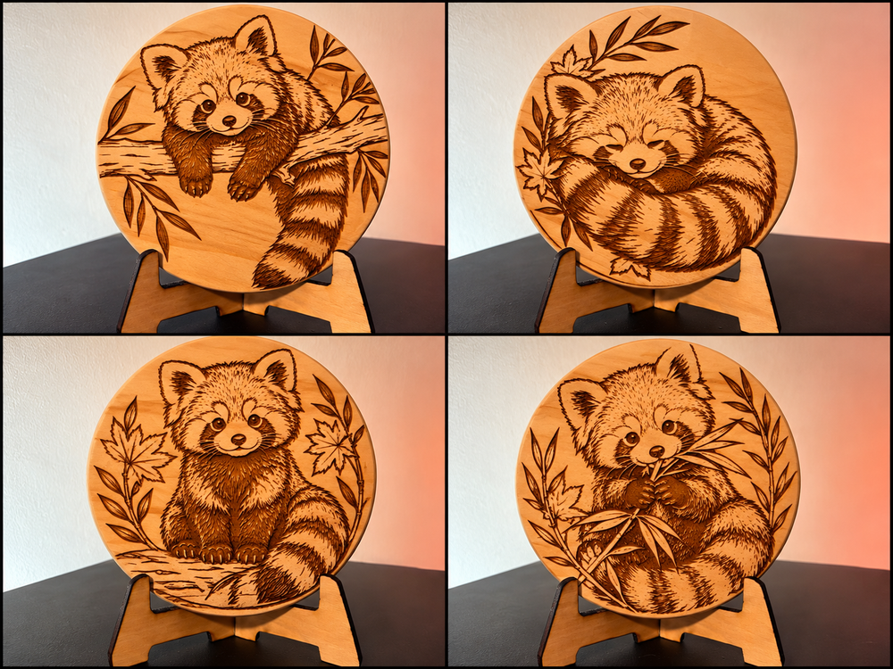 Roter Panda – 4er-Set lasergravierte Holzuntersetzer