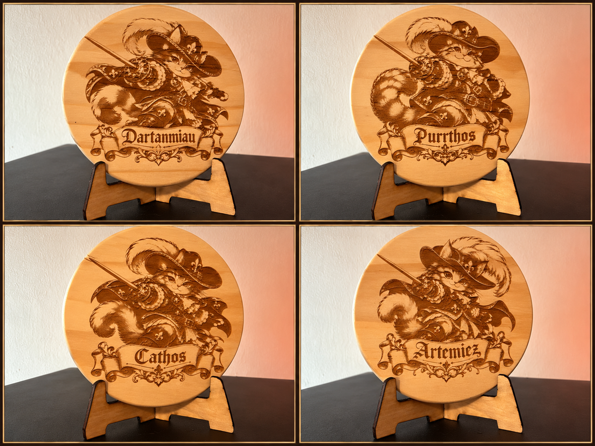 Die vier Katzen-Musketiere – D'Artagnan, Porthos, Athos & Aramis – Dekorative Holzaufsteller mit Lasergravur